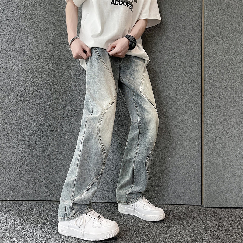 港风夏款男牛仔裤渐变波纹曲线拼接直筒休闲九分裤n,男装牛仔裤,星座1013-1