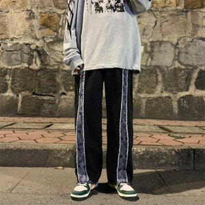 港风春款男牛仔裤腰果印花拼接直筒宽松毛边长裤n图片