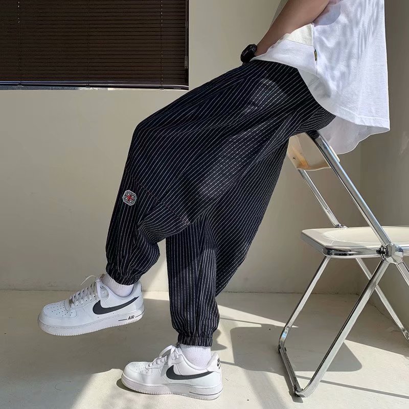 港风夏款男条纹休闲裤九分裤宽松束脚运动裤哈伦9分裤H1131P40,男装休闲裤,星座1013-1
