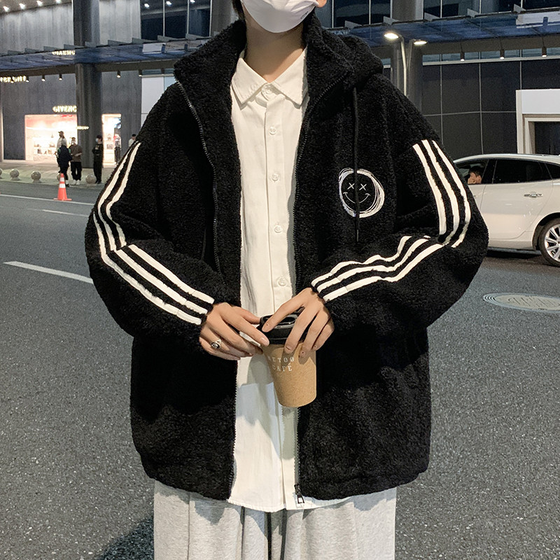 港风秋冬男棉衣连帽保暖羊羔毛笑脸印花条纹拼接外套Y8906图片