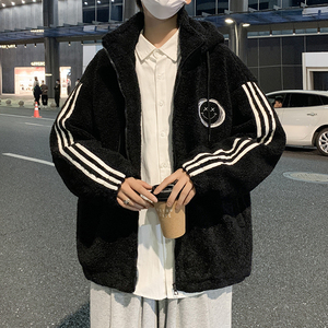 港风秋冬男棉衣连帽保暖羊羔毛笑脸印花条纹拼接外套Y8906图片