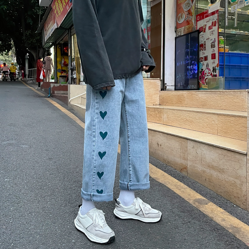2021港风春款男牛仔裤心印花宽松直筒牛仔加大码S-5xlnk6028P50,男装牛仔裤,星座1013-1