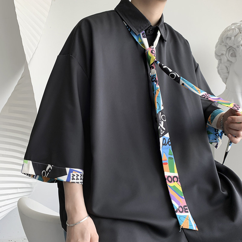 港风夏男短袖衬衫涂鸦印花休闲衬衣送花领带CS120P35,男装衬衫,星座1013-1