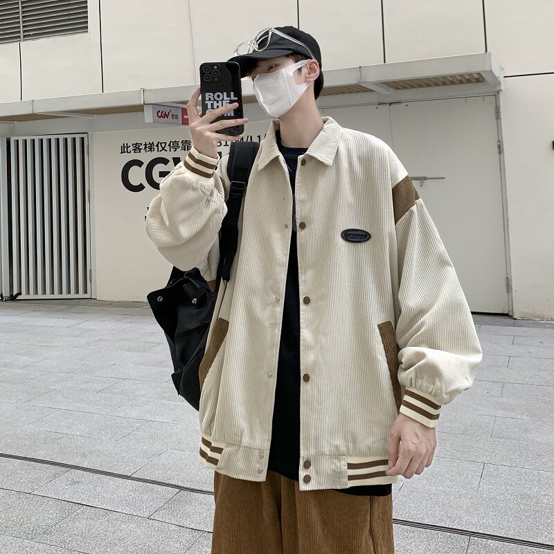 秋款男夹克灯芯绒条纹拼接字母贴标宽松休闲外套JK70P60,男装夹克,星座1013-1