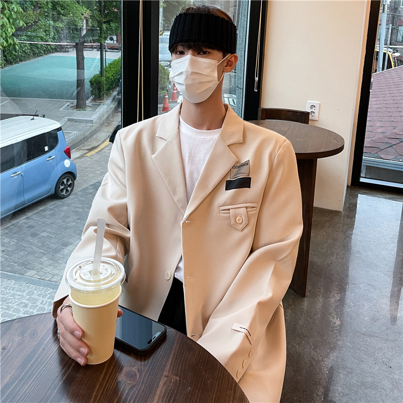 2021港风秋款男韩版工装西装休闲外套字母印花贴标西服J,男装西服,星座1013-1