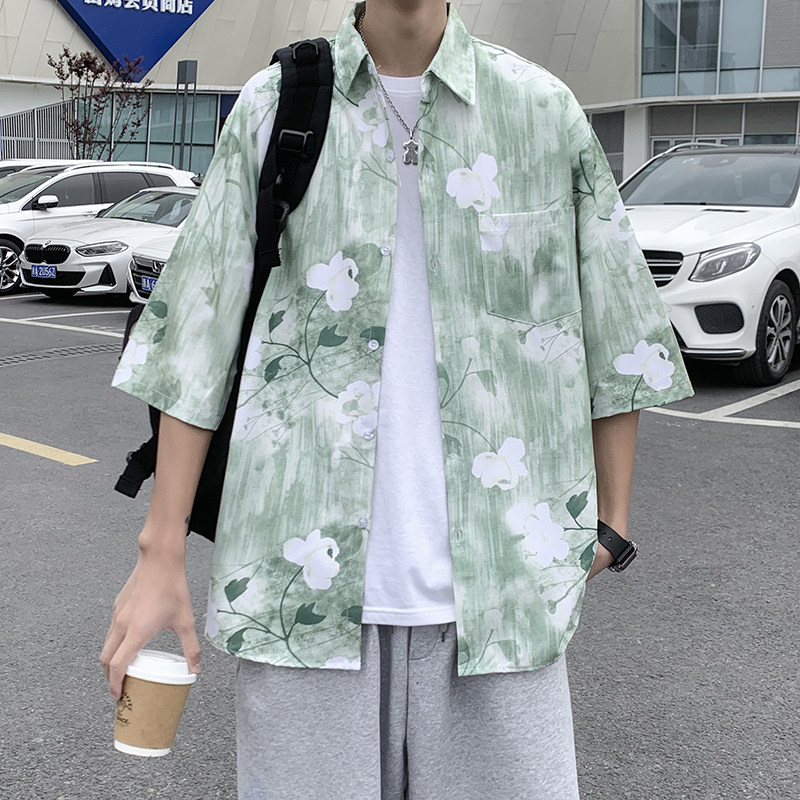 港风夏款男短袖衬衫扎染荷花印花沙滩花衬衫CS47图片
