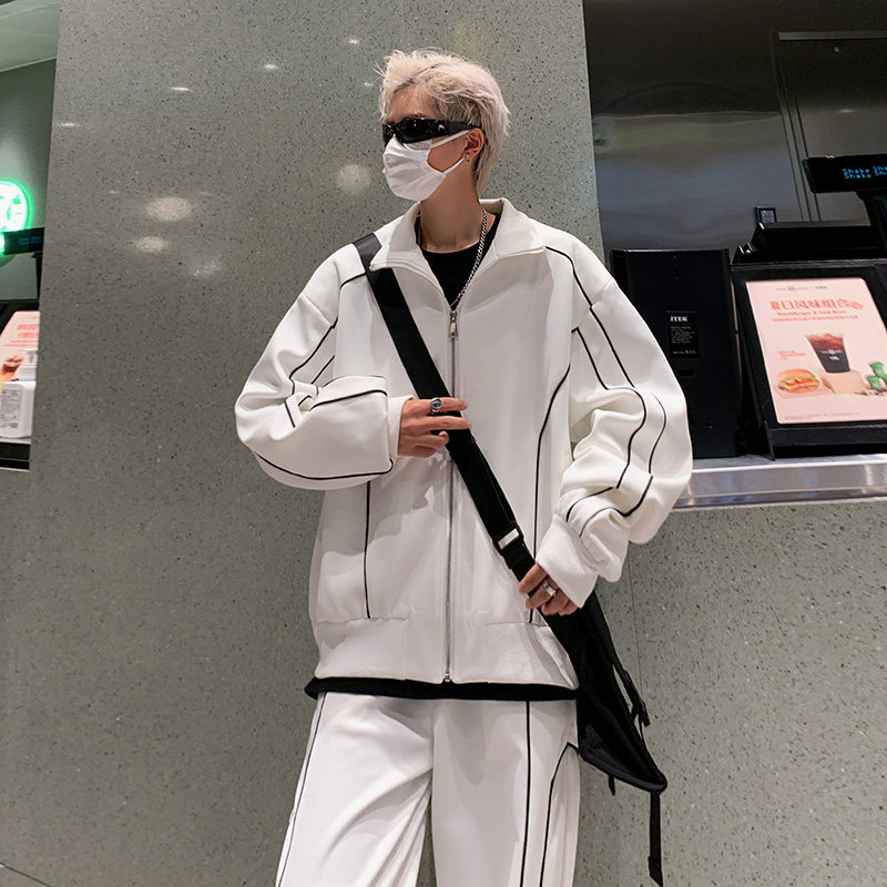 港风秋款男休闲运动套装条纹立领拉链卫衣外套休闲长裤TZ119P75,男装休闲套装,星座1013-1