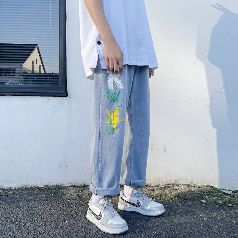 港风夏季男牛仔裤字母印花直筒潮九分裤nk2211P40,男装牛仔裤,星座1013-1