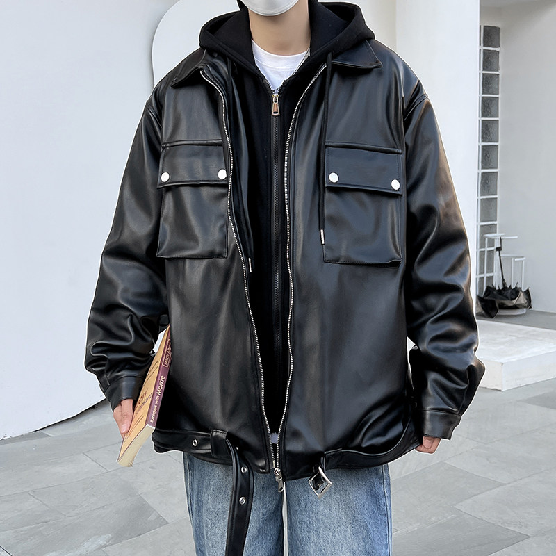 2023港风春款男皮夹克假两件连帽工装大口袋皮衣外套JK9222P80，男装皮衣，星座1013-1