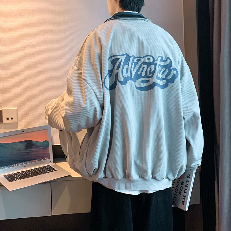 2021港风秋冬男夹克灯芯绒条纹翻领宽松休闲外套J,男装夹克,星座1013-1