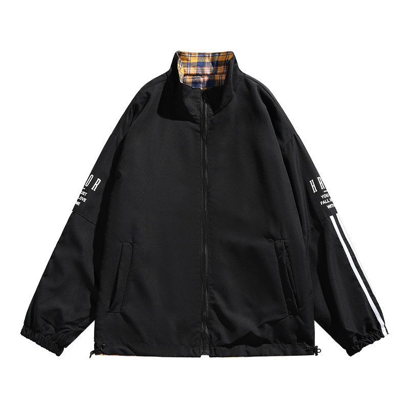 秋款男立领夹克衫双面穿条纹字母印花格子拼接休闲外套JK7350P50,男装夹克,星座1013-1