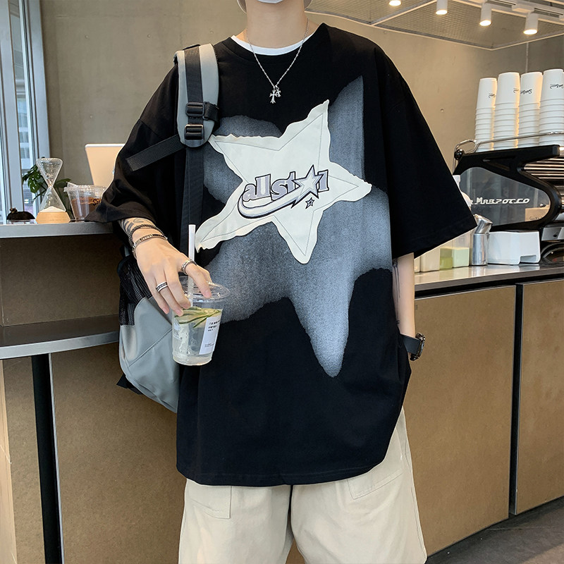 港风夏男短袖T恤纯棉字母印花五角星补丁图案车休闲T恤衫T123P35,男装T恤,星座1013-1