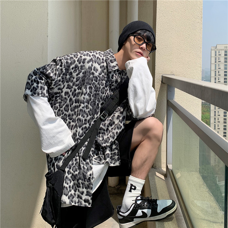 港风夏款男短袖衬衫豹纹潮宽松贴标衬衣外套CS2201P35,男装衬衫,星座1013-1