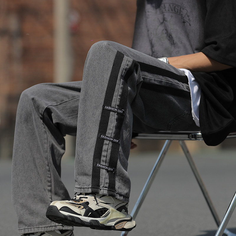 港风夏款男牛仔裤条纹拼接直筒宽松休闲裤nk5012P50,男装牛仔裤,星座1013-1