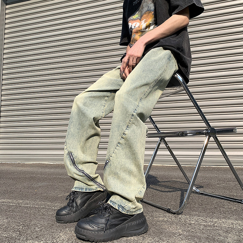 高品质夏男牛仔裤黄泥蓝侧边开叉拉链拼接直筒休闲长裤nk1033P55,男装牛仔裤,星座1013-1