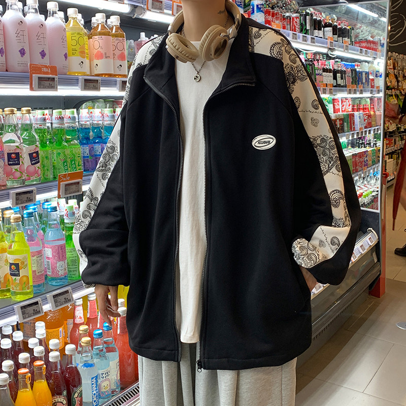 2021港风秋男夹克开衫腰果印花拼接拉链运动卫衣外套J,男装夹克,星座1013-1