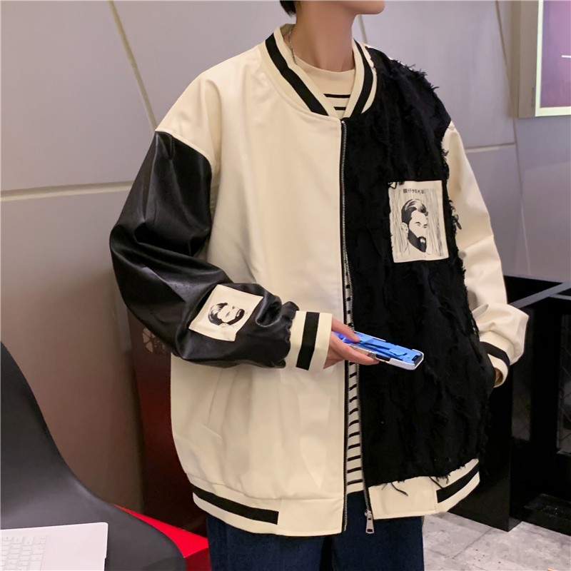 秋冬男夹克棒球立领PU皮拼接流苏人物字母印花休闲外套J,男装夹克,星座1013-1