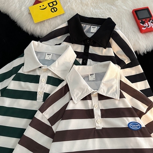 港风夏款男短袖POLO衫海魂衫条纹拼接休闲T恤衫T79 P35图片