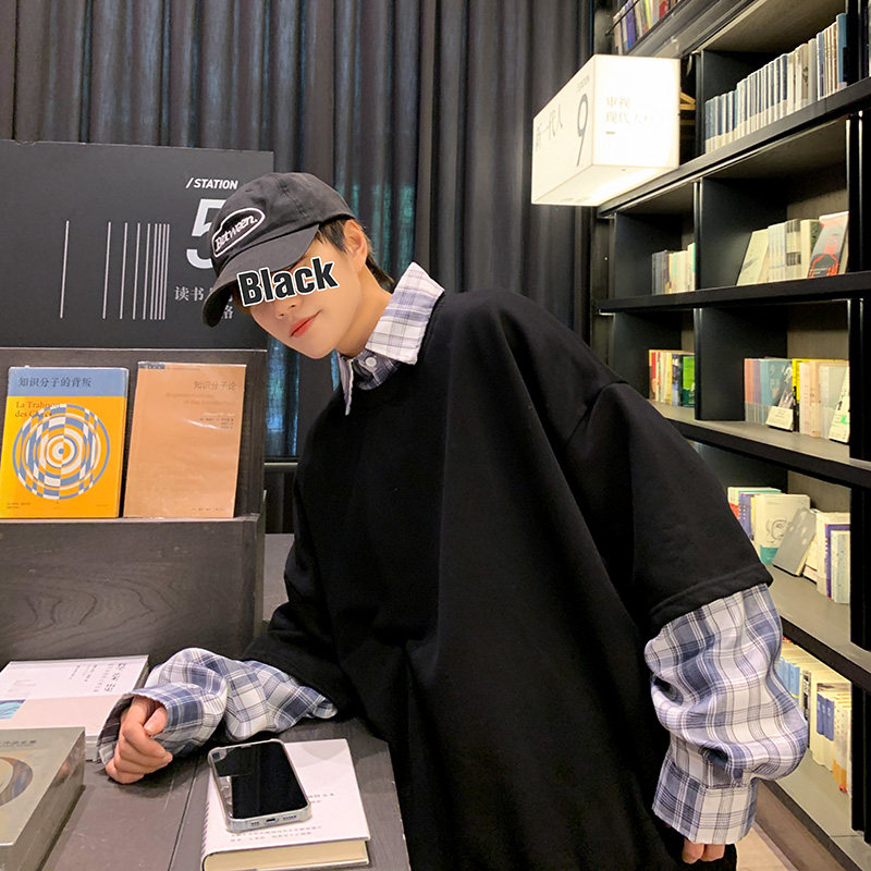 港风秋款男假两件衬衫休闲卫衣套头格子拼色打底外套wy751P45,男装卫衣,星座1013-1
