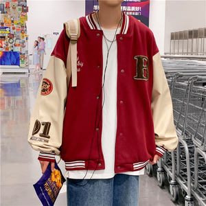 港风秋款男毛呢拼皮夹克棒球立领字母毛巾绣单排扣外套JK8826 P70图片