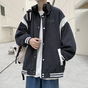 秋款男夹克灯芯绒条纹拼接字母贴标宽松休闲外套JK70 P60图片
