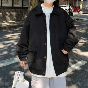 港风秋冬韩版男款毛呢短款夹克工装大口袋休闲大衣外套DY45,白色西装领毛呢外套搭配图片