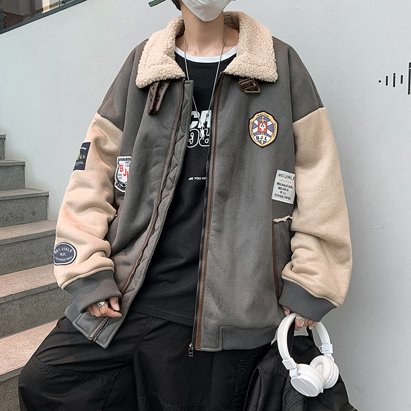 冬款男棉衣翻领勋章贴标机车欧美加绒加厚棉袄羊羔毛外套Y47,男装棉衣,星座1013-1