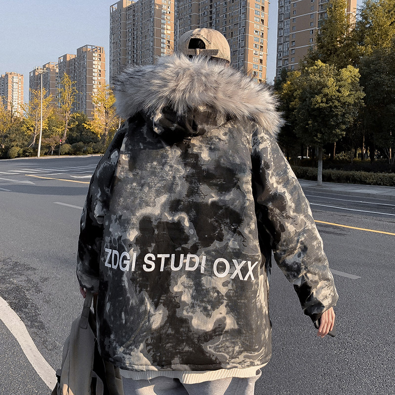 冬款男棉衣迷彩连帽毛领加厚加绒保母印花棉服外套M388,男装棉衣,星座1013-1