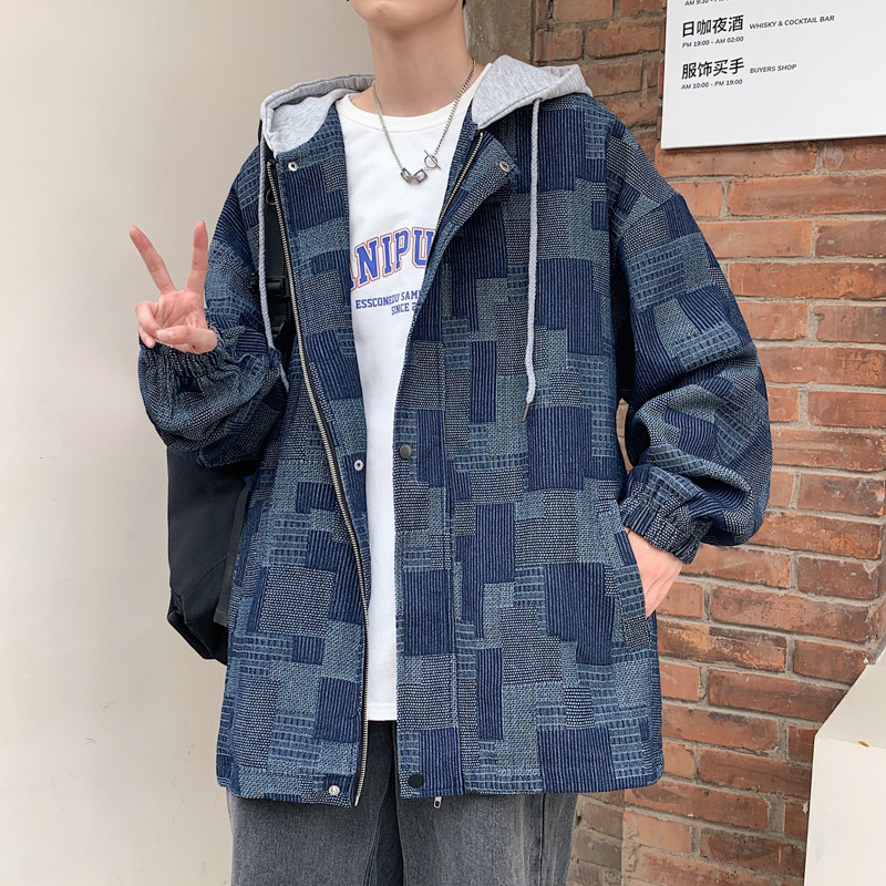 港风秋款男牛仔夹克衫连帽棋盘格条纹休闲外套J图片