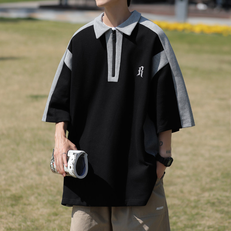 高品质夏款男短袖POLO衫条纹拼色拉链字母刺绣休闲T恤衫T004 P35图片