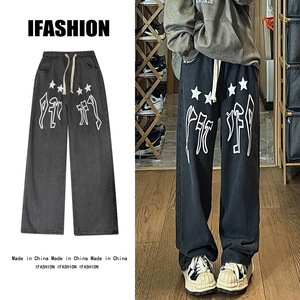 2023春款男牛仔褲星星字母印花漸變直筒寬松休閑長褲n圖片
