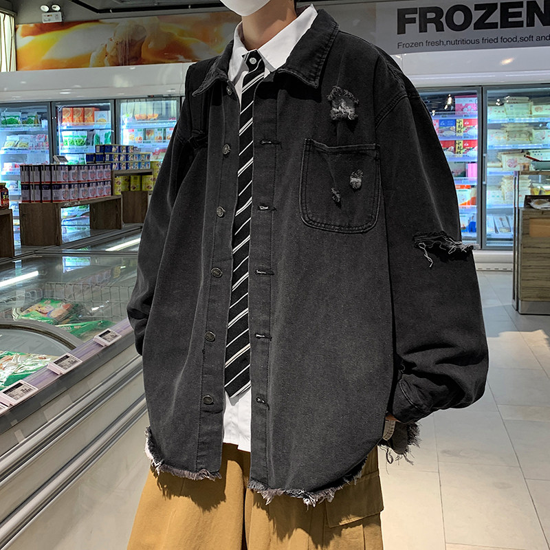 港风秋款中长款男牛仔夹克衫破洞流苏牛仔外套JK311P65,男装夹克,星座1013-1