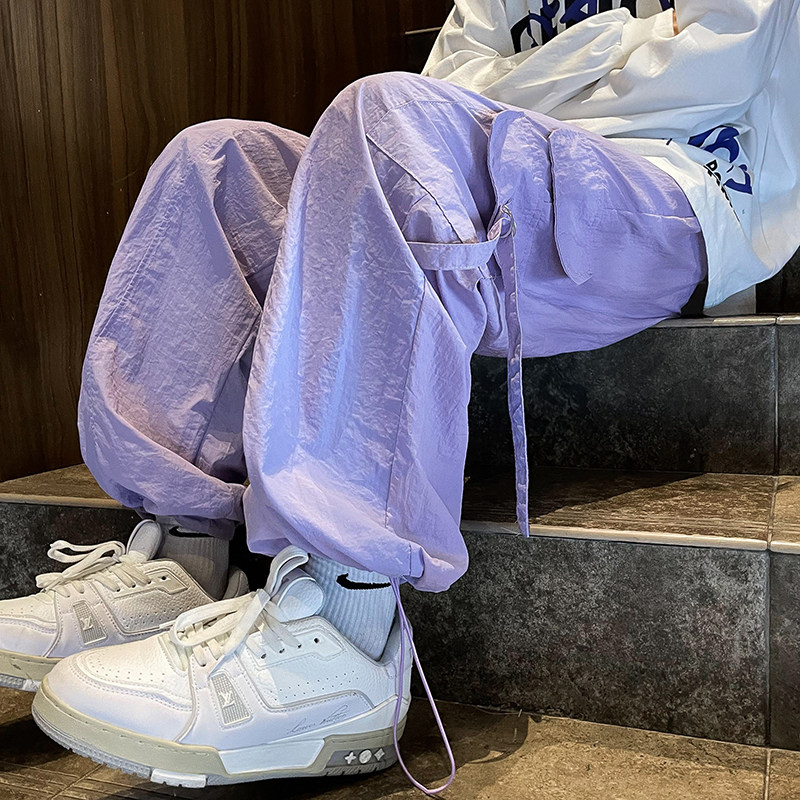 港风秋款男工装裤大口袋褶皱抽绳束脚长裤h927 P45图片