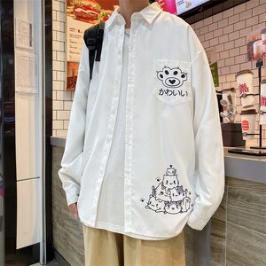 2022港风春款男休闲长袖衬衫卡通猫咪动物印花衬衣CS001图片
