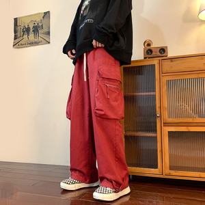 港风秋款男工装裤拉链大口袋休闲裤宽松直筒长裤h761 P45图片