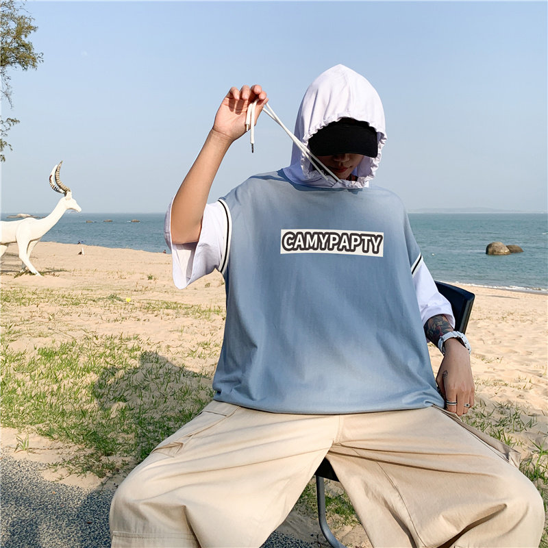 夏假两件短袖T恤字母印花连帽潮松百搭休闲五分条纹T恤衫T302P33,男装T恤,星座1013-1