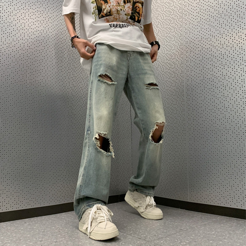 港风夏款男牛仔裤膝盖大破洞直筒宽松休闲长裤nk8040P45,男装牛仔裤,星座1013-1