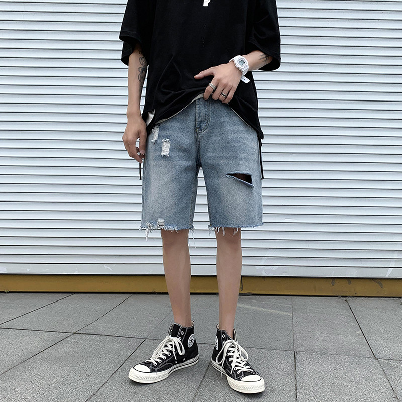 2021港风夏款男牛仔短裤破洞潮休闲潮五分裤马裤D55P35,男装牛仔裤,星座1013-1