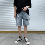 2021港风夏款男牛仔短裤破洞潮休闲潮五分裤马裤D55P35，男装牛仔裤，星座1013-1