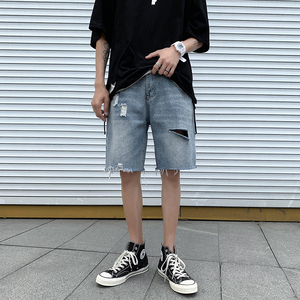 2021港风夏款男牛仔短裤破洞潮休闲潮五分裤马裤D55 P35图片