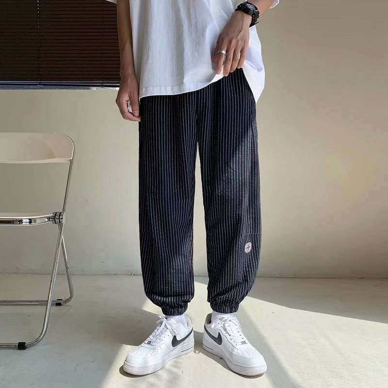 港风夏款男条纹休闲裤九分裤宽松束脚运动裤哈伦9分裤H1131P40,男装休闲裤,星座1013-1