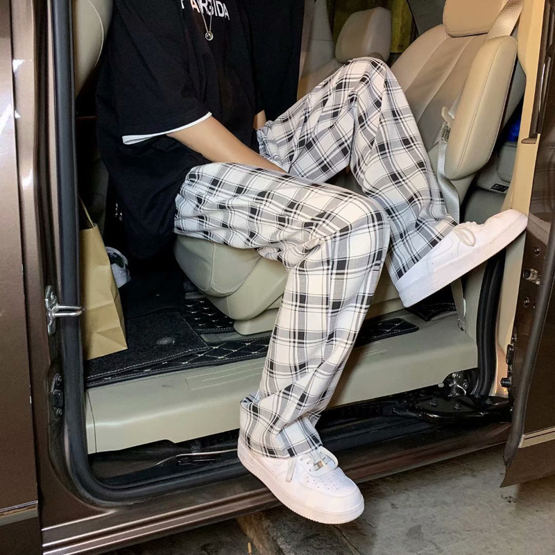 港风夏款款男休闲裤格子抽绳宽松直筒九分裤h30,男装休闲裤,星座1013-1