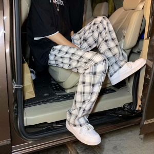 港风夏款款男休闲裤格子抽绳宽松直筒九分裤h30图片