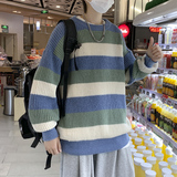 港风秋冬款男毛衣圆领套头条纹格拼接加厚打底线衣外套M66，男装针织衫/毛衣，星座1013-1