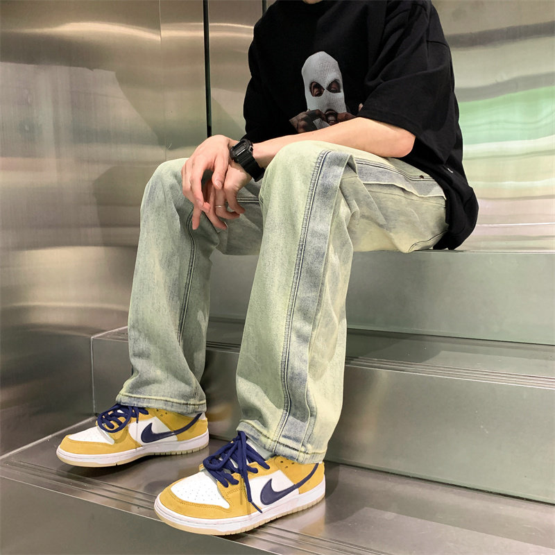 港风夏款男牛仔裤侧边分层拼接直筒宽松休闲九分裤nk8103P45,男装牛仔裤,星座1013-1