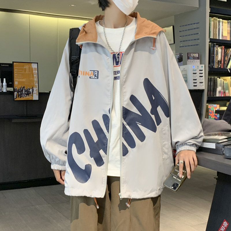高品质秋男夹克衫字母印花拼色连帽抽绳冲锋衣外套JK13 P45图片