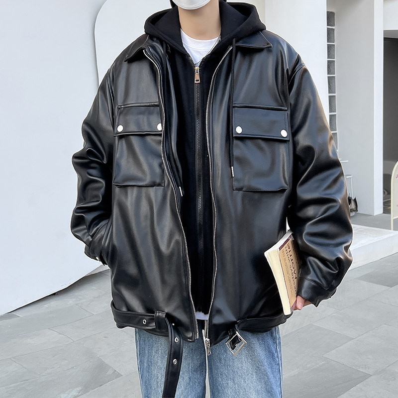 2023港风春款男皮夹克假两件连帽工装大口袋皮衣外套J,男装皮衣,星座1013-1