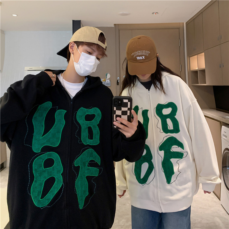 高品质港风秋款男休闲卫衣连帽拉链字母发泡印花外套wy758,男装卫衣,星座1013-1