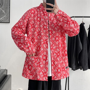 2022港风春款男休闲长袖衬衫腰果印花青少年衬衣CS004图片