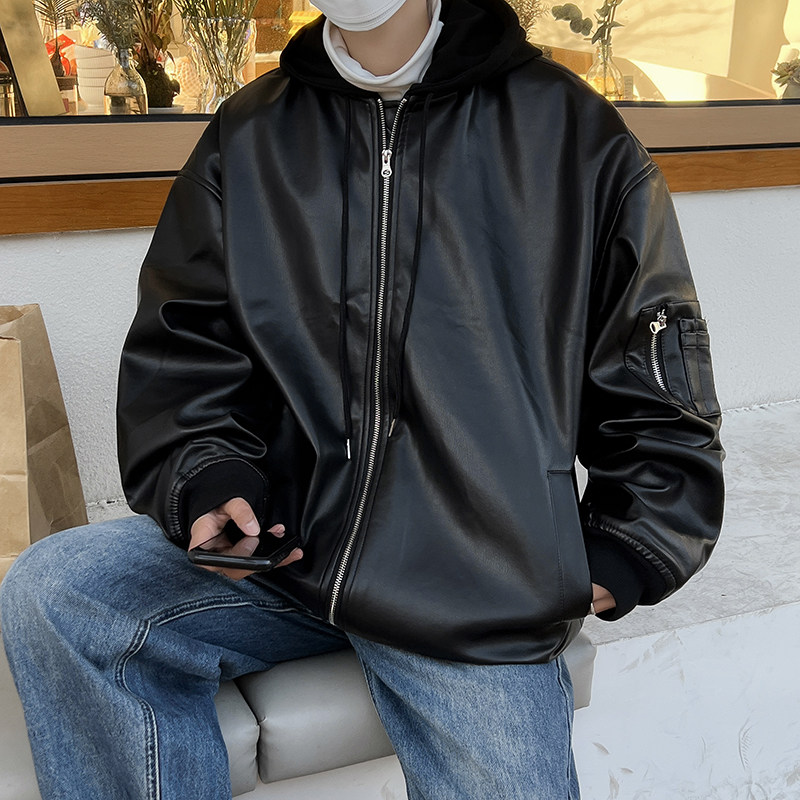 高品质春款男皮夹克假两件连帽拉链皮衣外套JK9221 P80图片